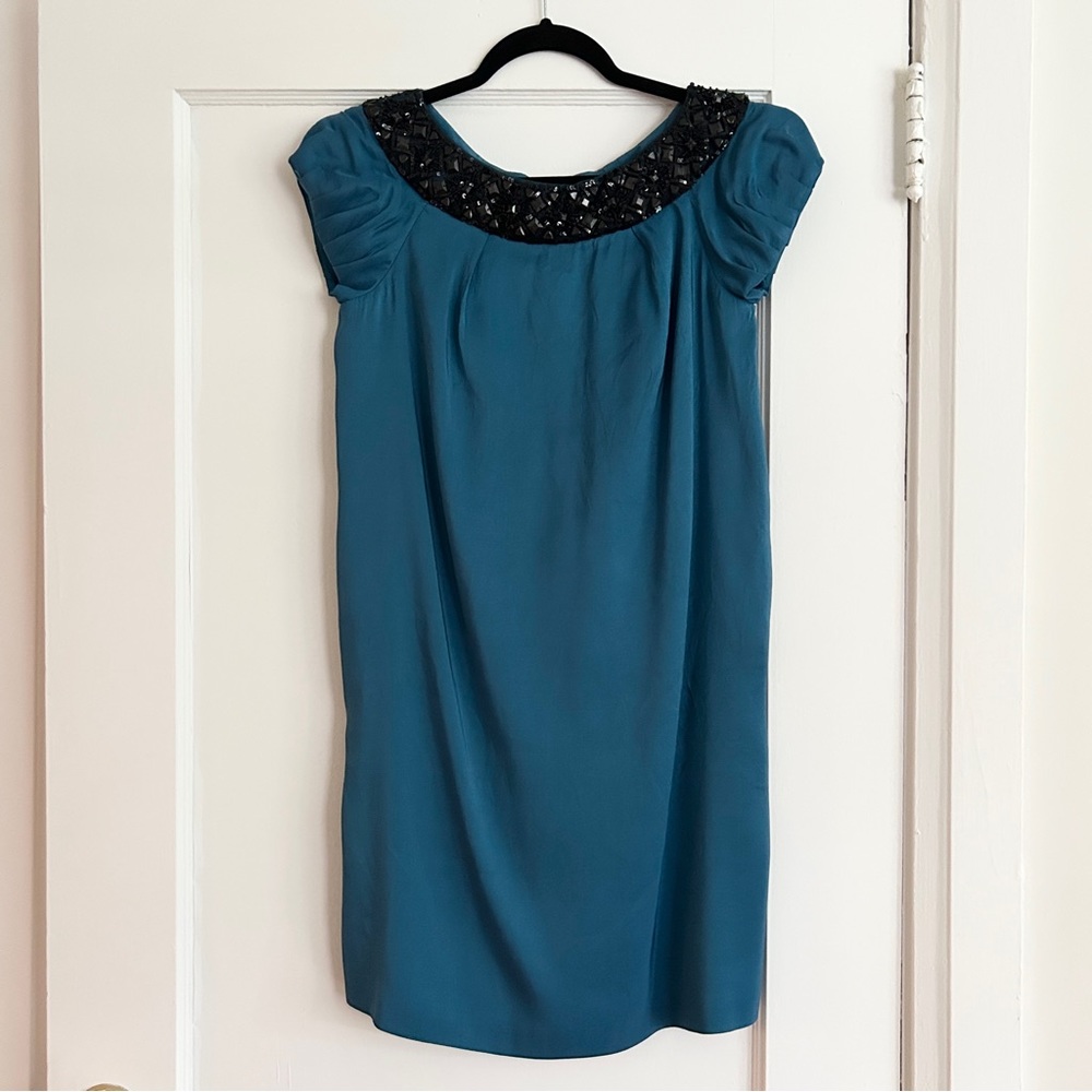 MARCHESA Beaded Collar & Blue Silk Dress